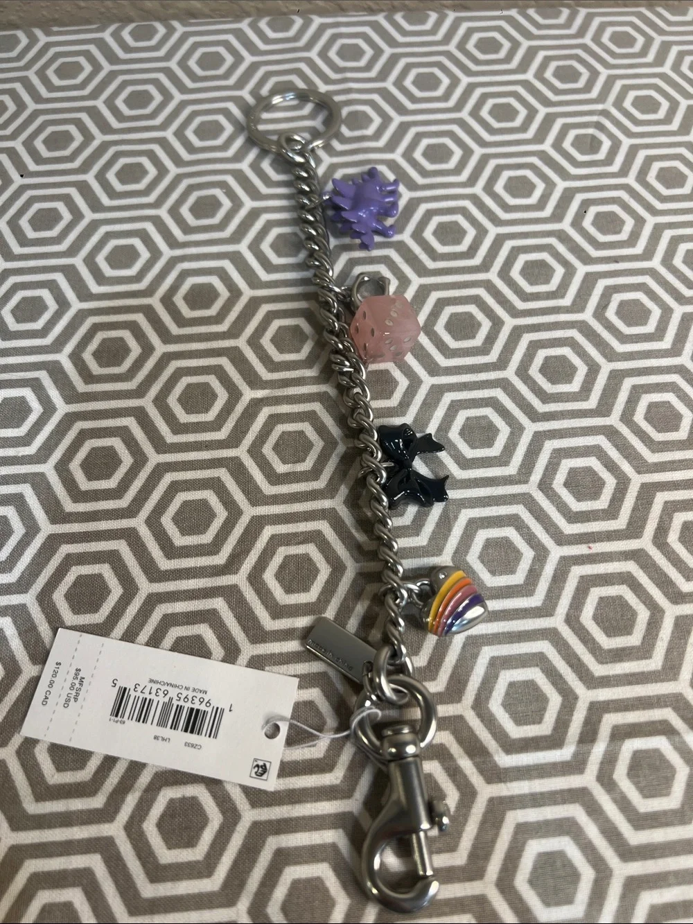 Coach Silver-Tone Charm rainbow heart, black bow, pink dice, silver C, purple